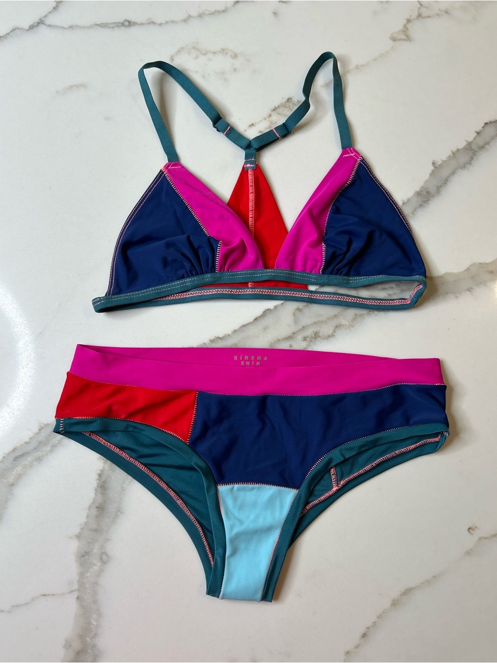 XiRENA Colorblock Triangle Bikini in Navy, Hot Pink, Teal & Red Size S